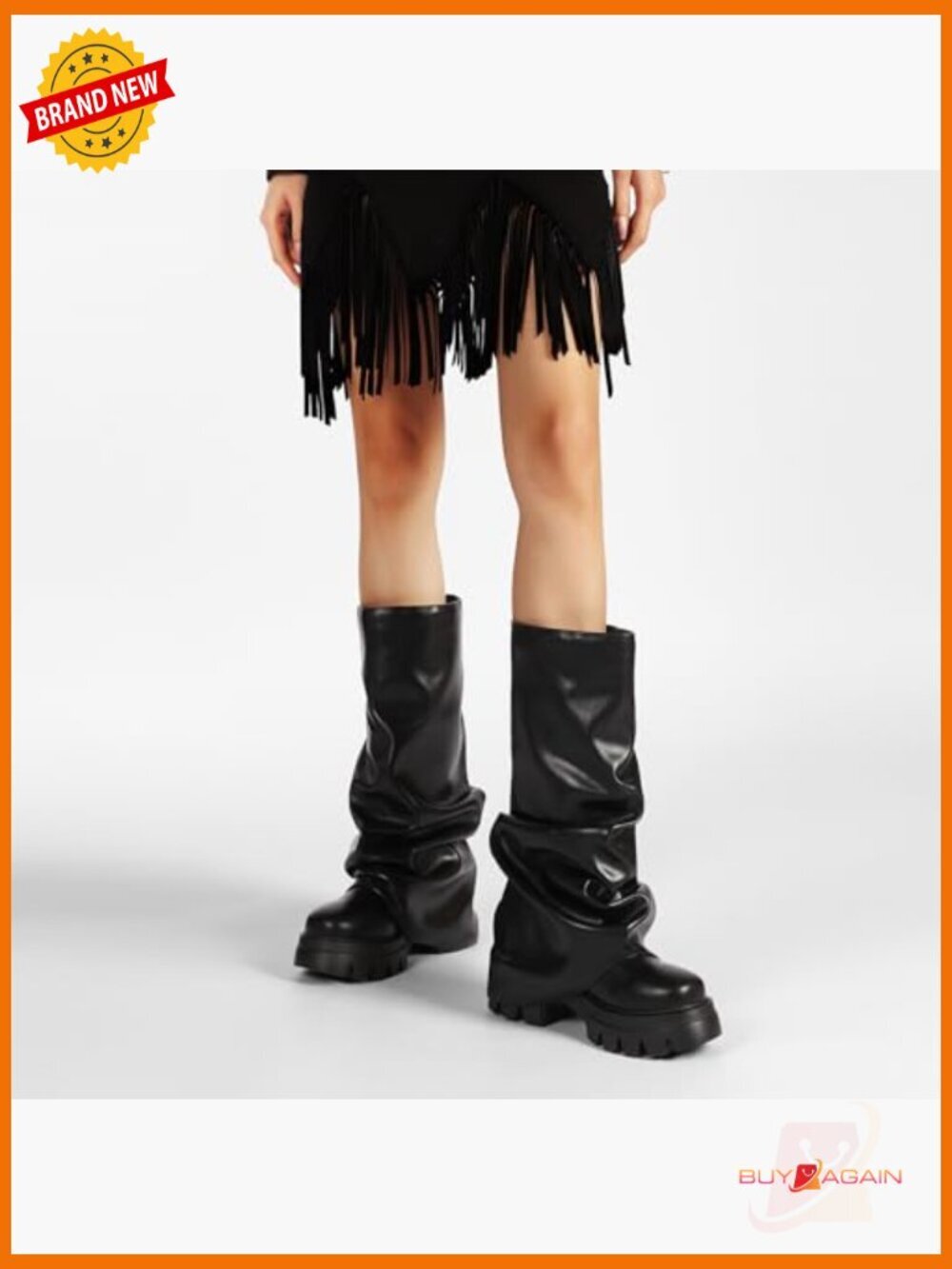 Fold Over Slouchy Mid Calf Platform Boots Chunky Heel - Picture 6 of 7